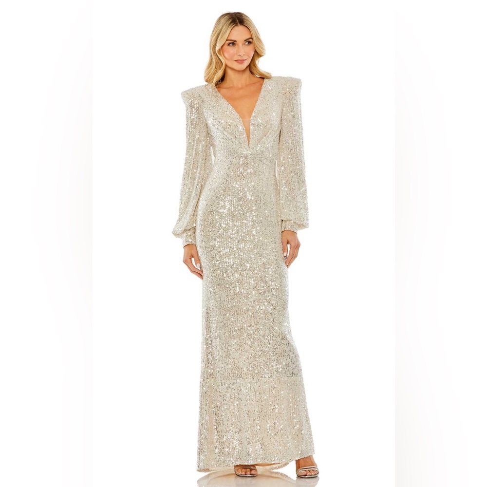 Mac Duggal Silver Sequin Long Sleeve Dress
